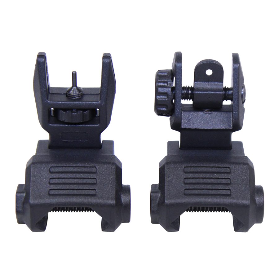 Black Tactical Flip-Up Iron Sights for Firearms on Picatinny Rails, Front Post and Rear Adjustable Aperture.