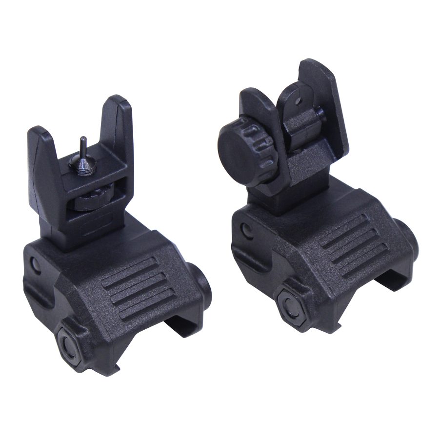 Black tactical flip-up iron sights for firearms, front and rear, on a Picatinny rail.