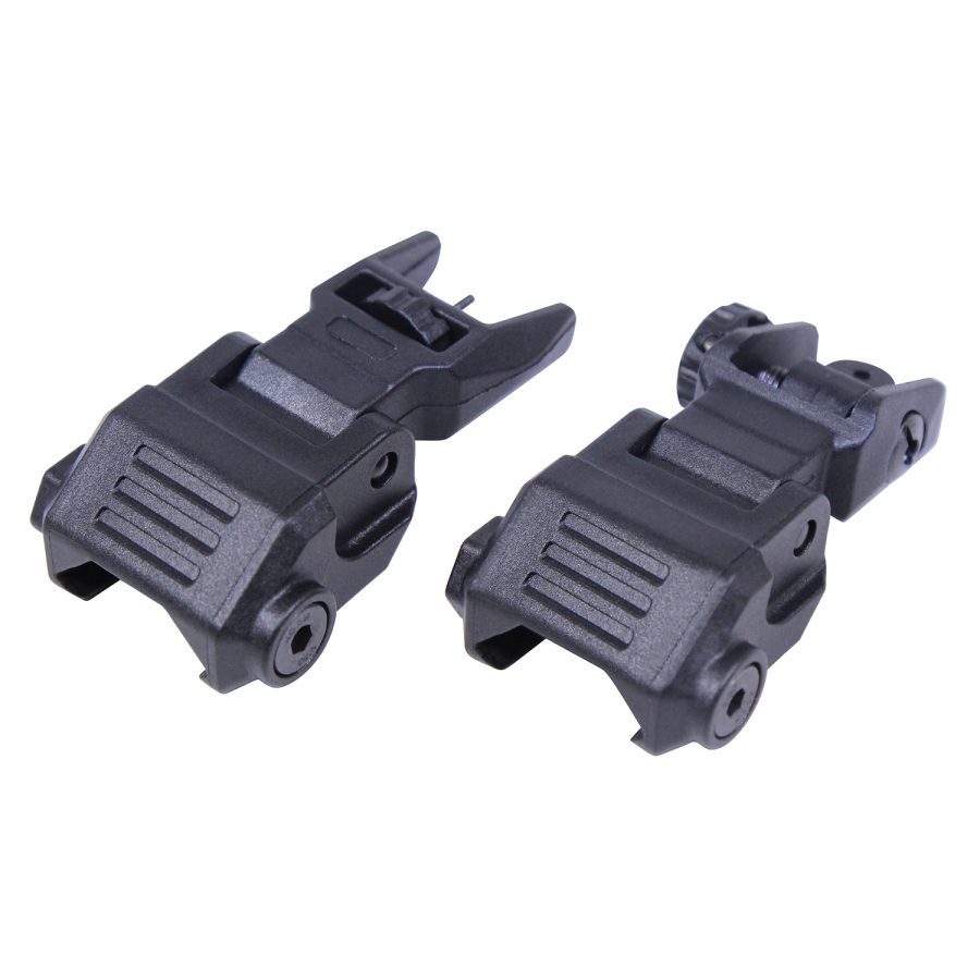 Black tactical flip-up sights for rifles, polymer build, Picatinny rail mount, adjustable.