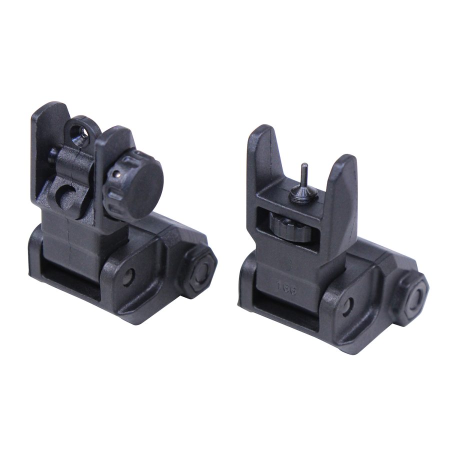 Black tactical flip-up iron sights for firearms with adjustable rear aperture and front post sight.