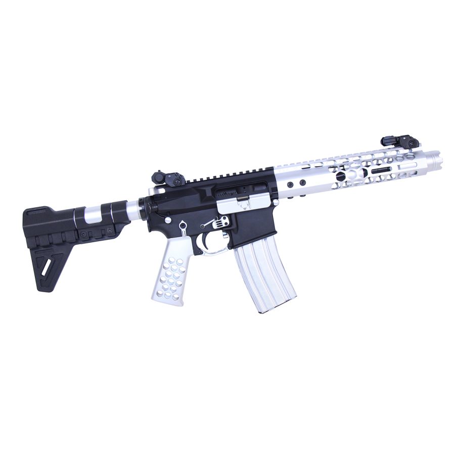 Modern two-tone AR rifle, collapsible stock, Picatinny rail, for tactical versatility and custom display.