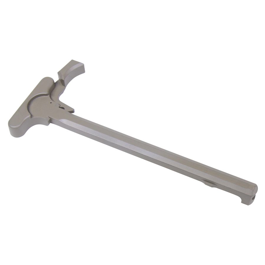 T-shaped AR-15 charging handle in matte silver, machined aluminum, ergonomic design for reliability.