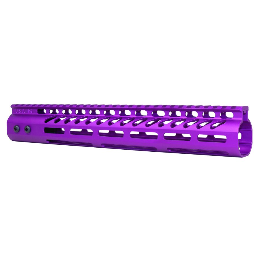 Metallic purple rifle handguard with rail and ventilation cutouts for customization and cooling.