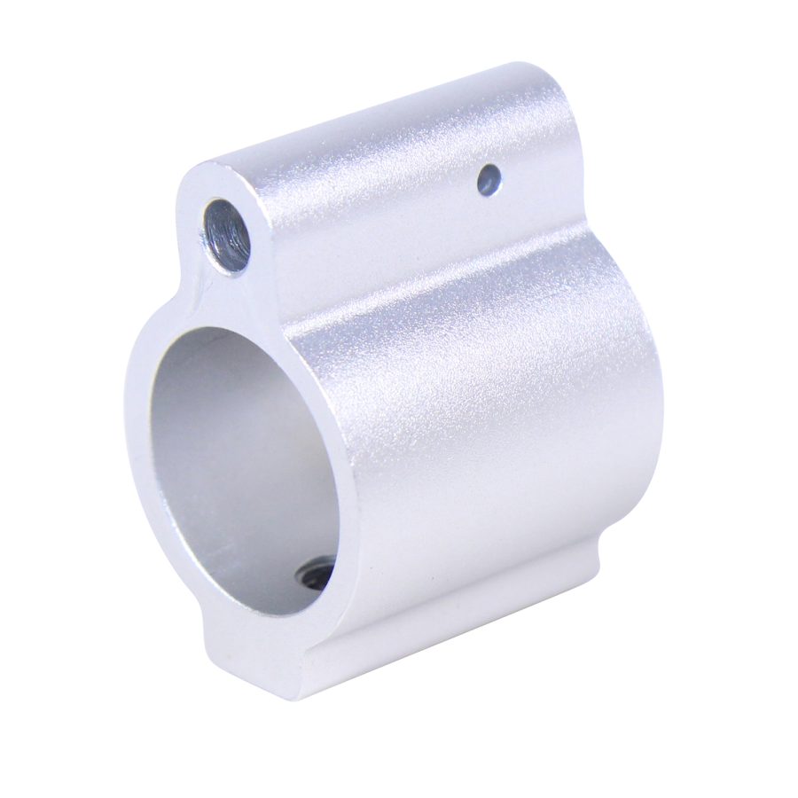 Precision low-profile aluminum gas block for modern firearms, CNC-machined, corrosion-resistant.
