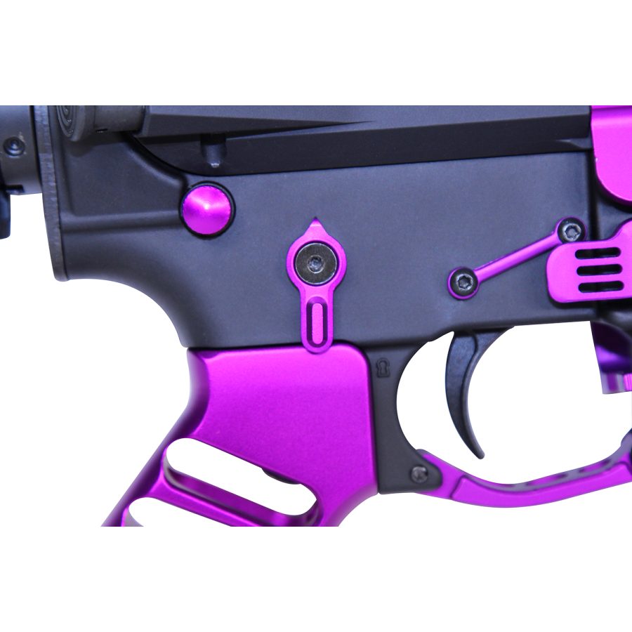 AR-style rifle with matte black and glossy magenta accents on a white background.
