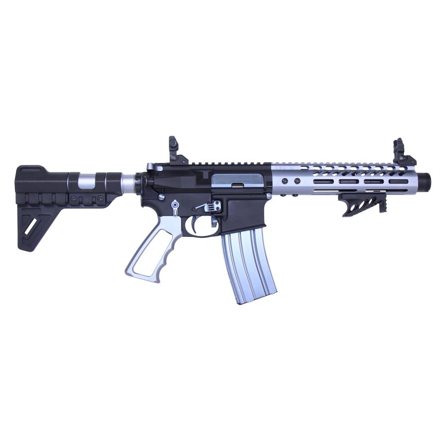 Modern AR-style tactical firearm with black and silver finish, collapsible stock, and ergonomic design.