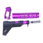Purple anodized firearm components: stabilizing brace, rail system, trigger guard; bold customization.