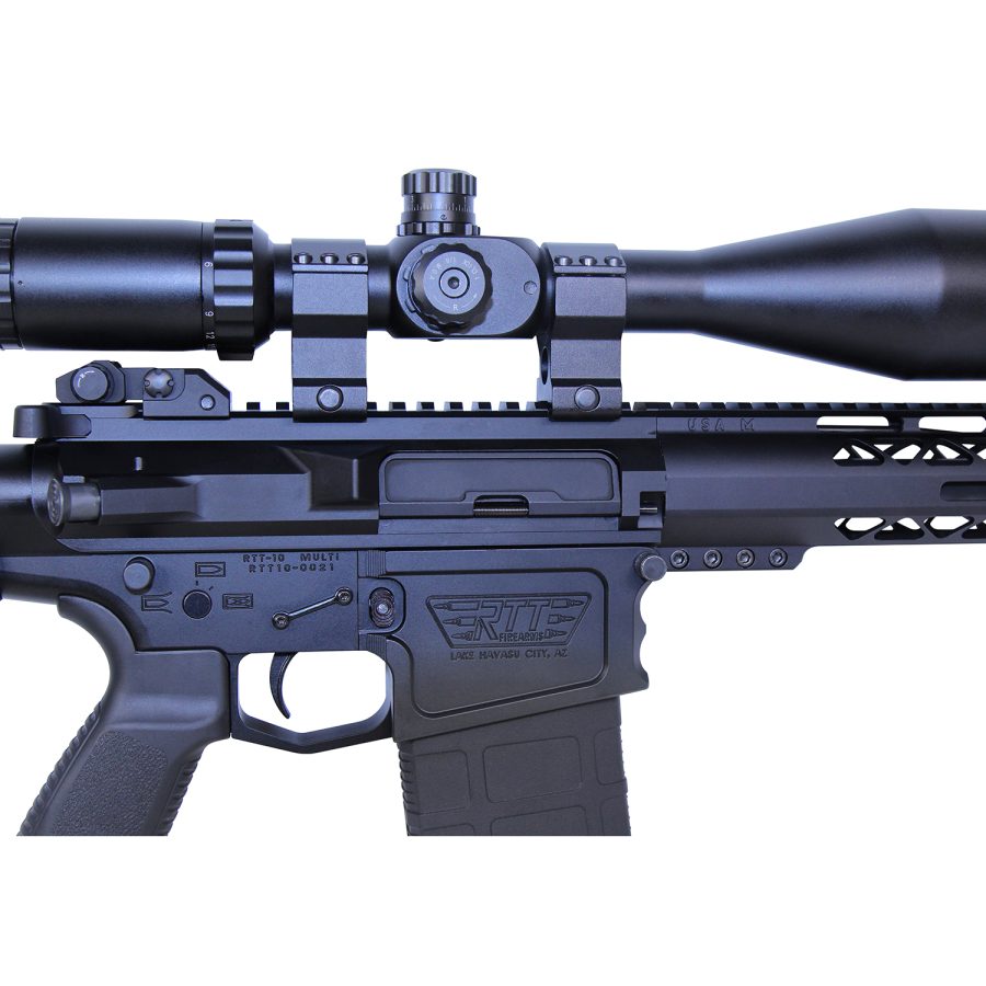 Modern tactical rifle with high-magnification scope on white background.