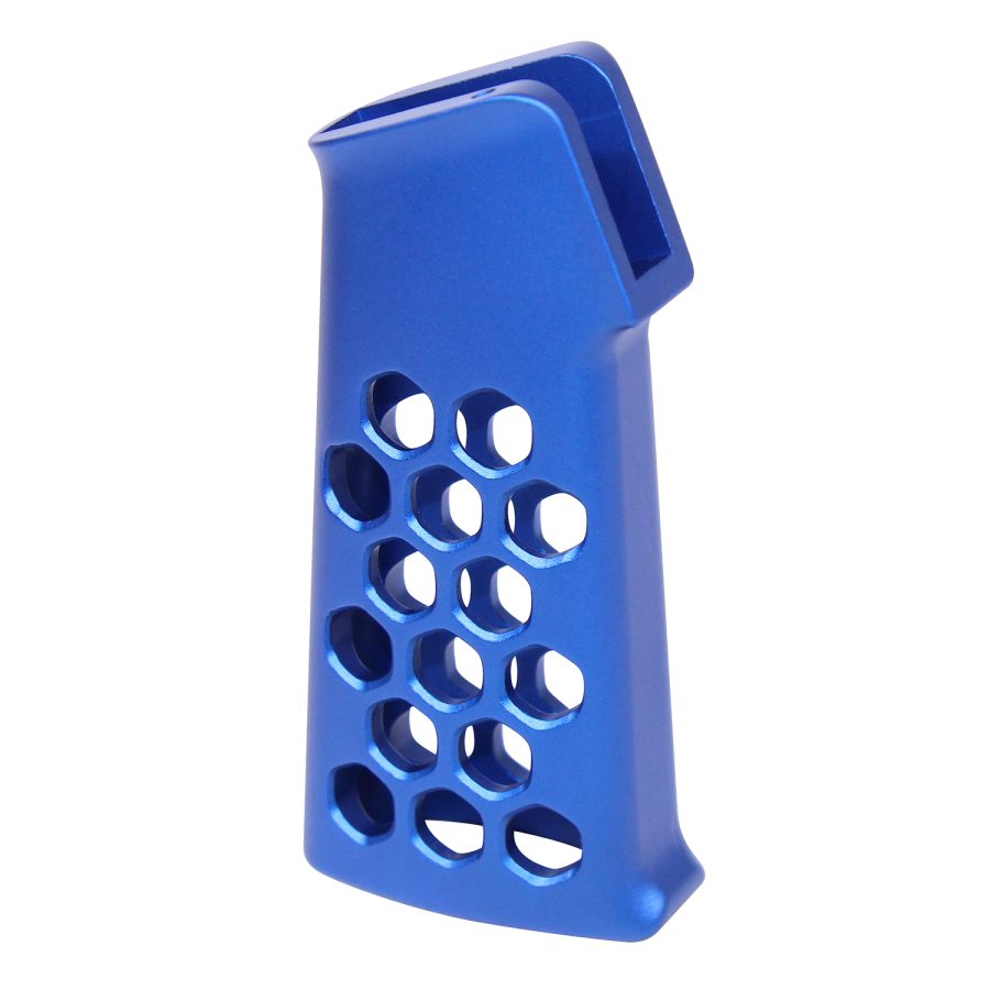 Vibrant blue AR pistol grip with ergonomic hex pattern and anodized metallic finish.
