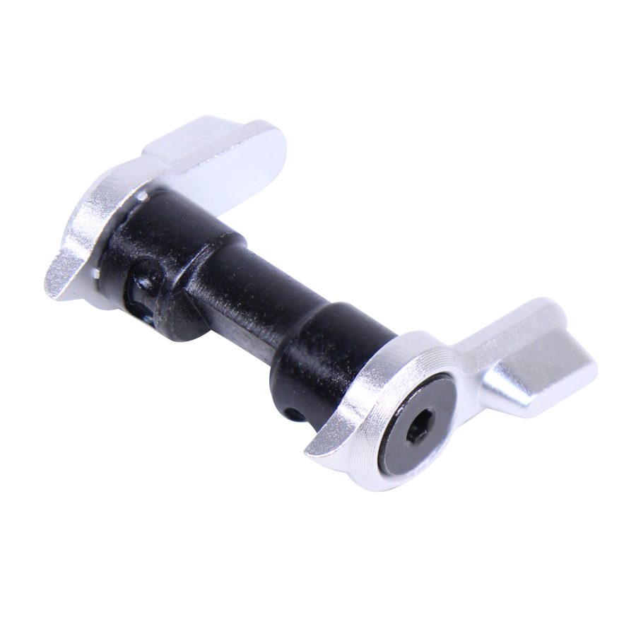 Bicycle chain quick link with black center and silver ends for easy tool-free maintenance.