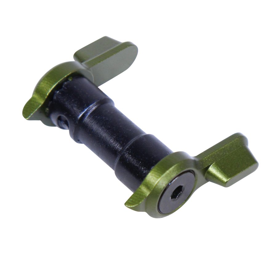 Adjustable dumbbell-shaped fastening mechanism with green thumb wings for outdoor gear.