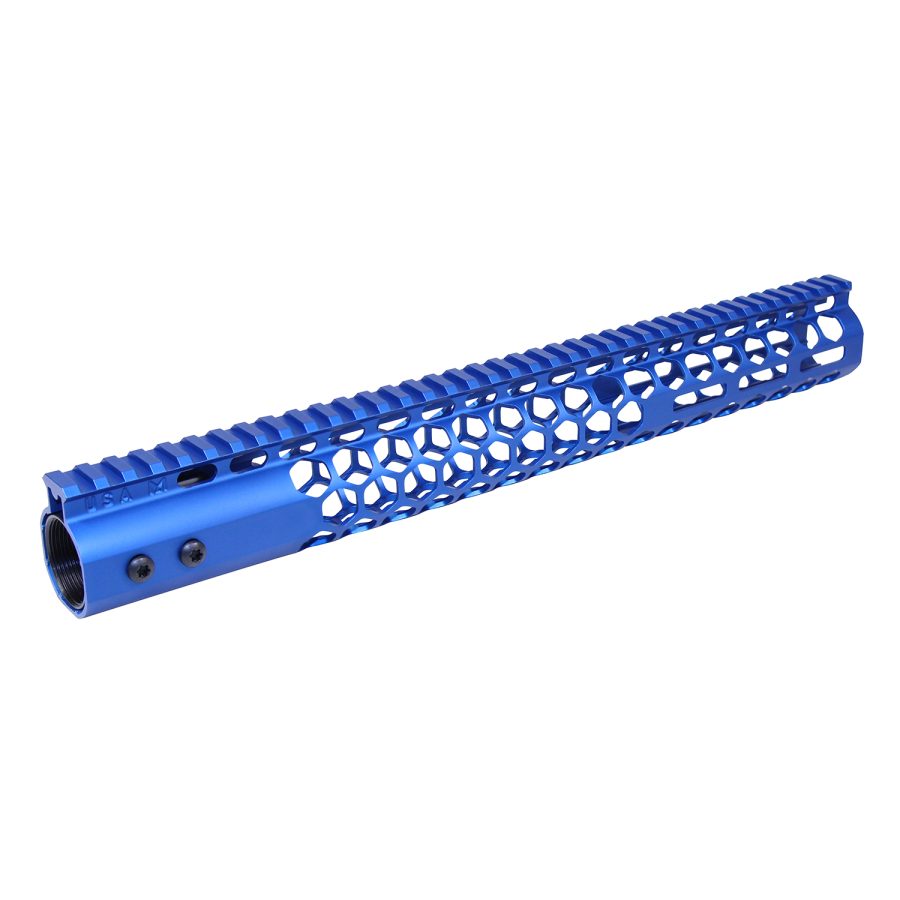 Blue anodized handguard with honeycomb cutouts for AR-15, lightweight, customizable, and durable.