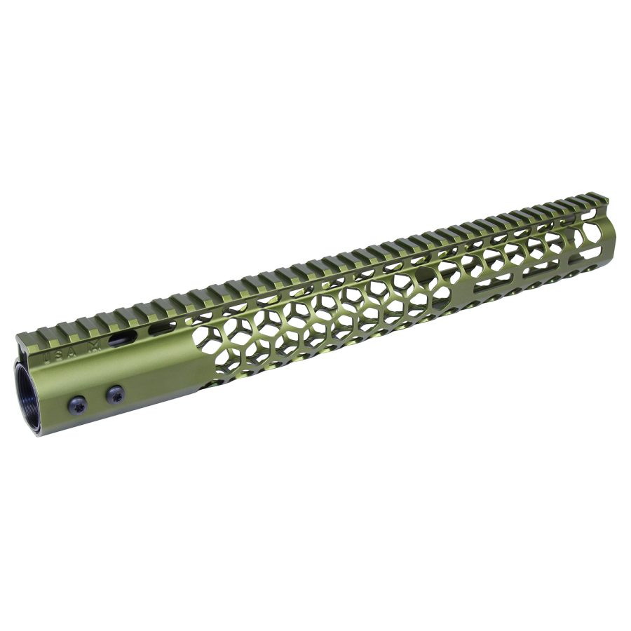 Olive drab rifle handguard with KeyMod cutouts and Picatinny rail, lightweight tactical design.