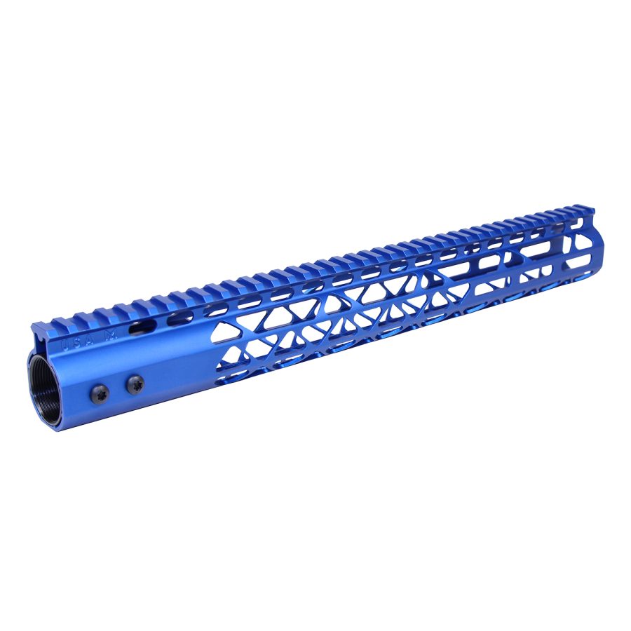 Electric blue AR-15 handguard with lattice design for lightweight customization and accessories mounting.