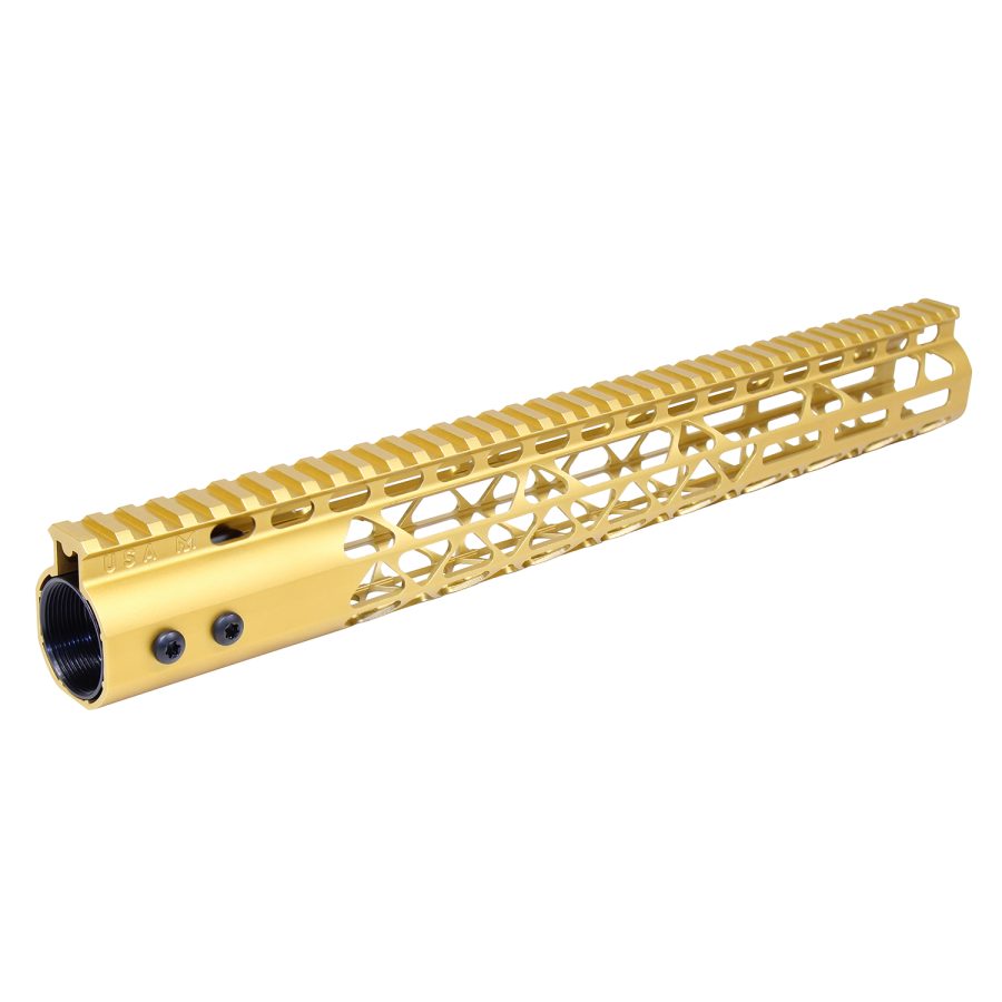 Gold anodized M-LOK AR-15 handguard, lightweight with precision cutouts for accessory mounting.