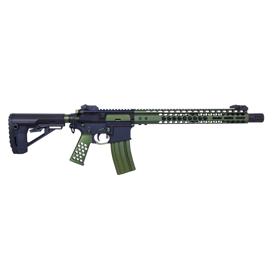 Modern olive green AR-15 rifle with custom features against a white background.