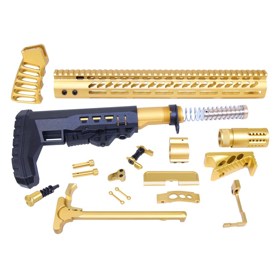 Gold AR-style rifle parts kit on white background, highlighting custom-finished components.
