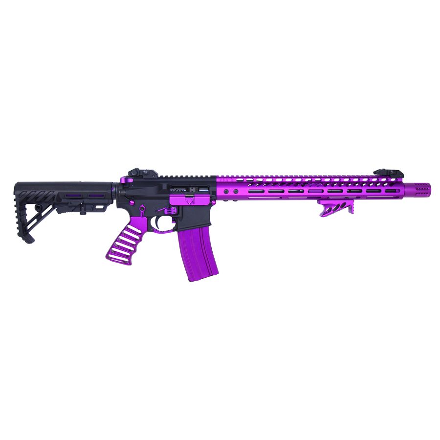 Custom AR-15 rifle in black with metallic purple accents, highlighting tactical and expressive design.