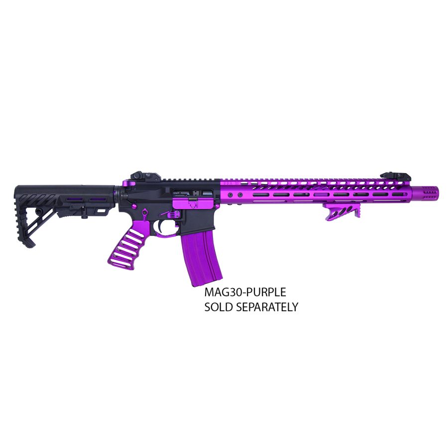 Modern AR-style rifle with bold purple accents on a white background.