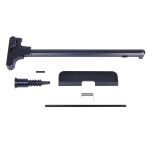 AR-15 upper receiver parts: charging handle, dust cover, pin, and plunger in matte black.
