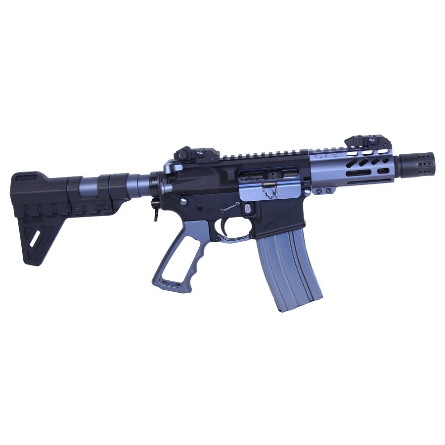 Modern two-tone AR pistol with tactical features and ergonomic design.