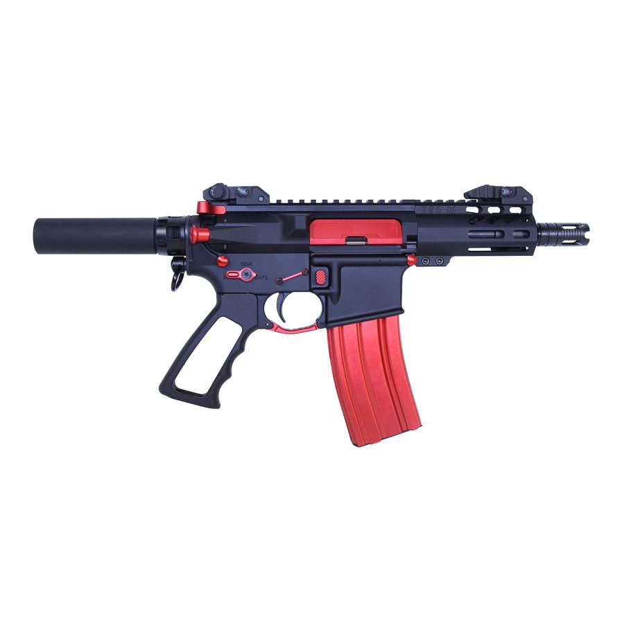 Compact tactical AR firearm with red accents, suppressor, Picatinny rail, and ergonomic design.