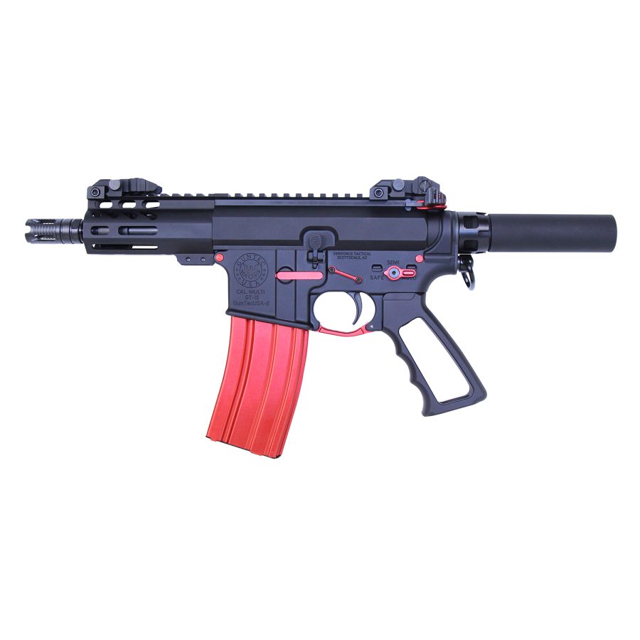 Compact AR-style pistol rifle with red magazine, ergonomic grip, and tactical rail system.