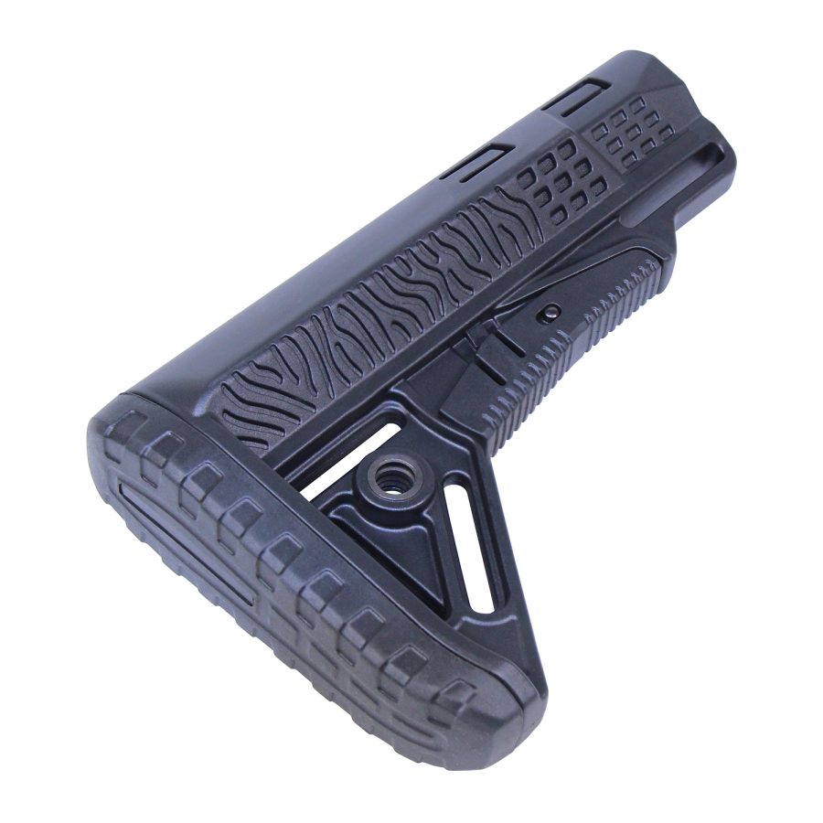 Modern tactical rifle buttstock with ergonomic design, textured grip, and modular mounting points.
