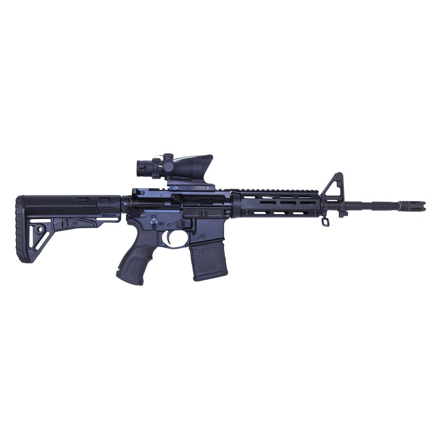 Sleek black AR-15 rifle, collapsible stock, ergonomic grip, optical sight, rail-section handguard.