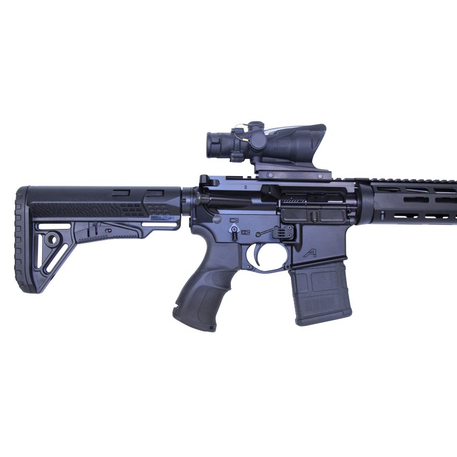 Modern AR-15 tactical rifle with scope and adjustable stock against a white background.
