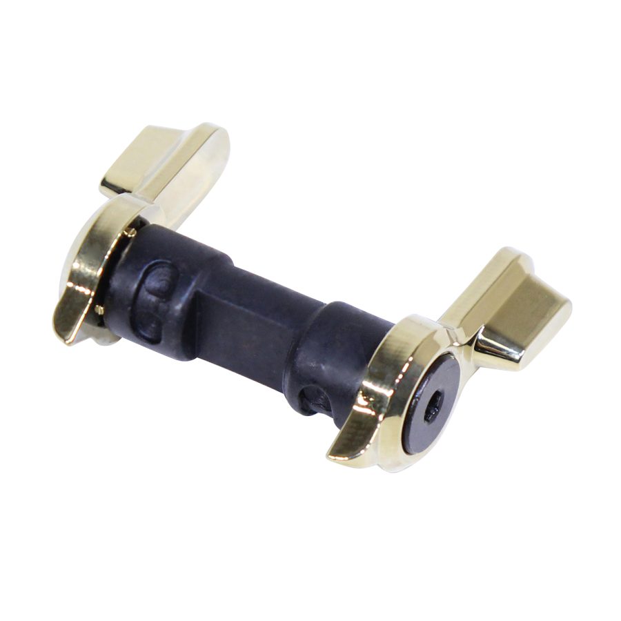 Ambidextrous AR-15 safety selector with gold levers for enhanced ergonomics and accessibility.