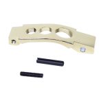 Polished brass component with cutouts, black hardware; ideal for precision mechanical assemblies.