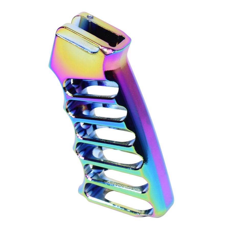 Iridescent chameleon pistol grip with ergonomic design and vibrant rainbow hues.