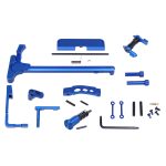 Blue anodized AR rifle parts kit with charging handle, trigger assembly, and installation hardware.