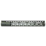 Olive green rifle handguard with Picatinny/M-LOK rails, lightweight aluminum, and accessory mounting.