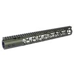 Olive drab AR-15 handguard with Picatinny rail; lightweight, customizable, ergonomic design for tactical accessories.