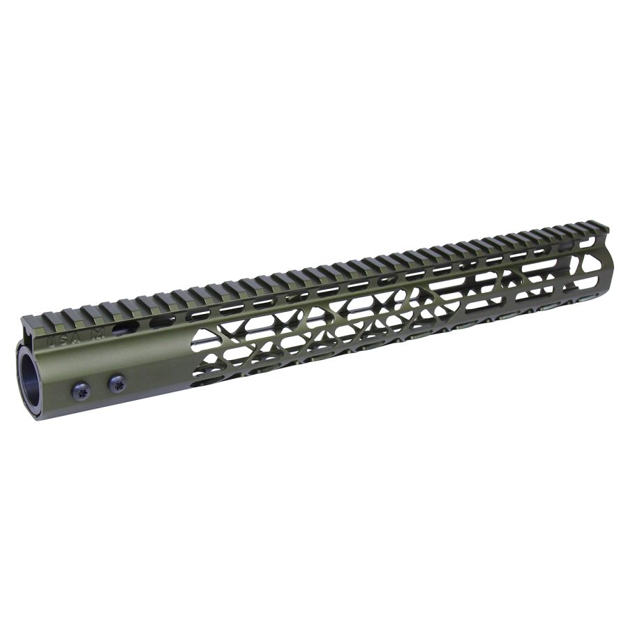 Olive drab AR-15 handguard with Picatinny rail; lightweight, customizable, ergonomic design for tactical accessories.