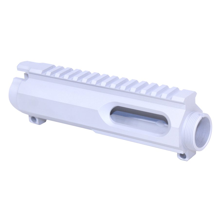 White AR-15 aluminum upper receiver with Picatinny rail, showcasing precision machining and modular design.