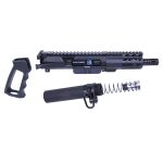 Disassembled firearm upper receiver and parts on white background, highlighting modular components.