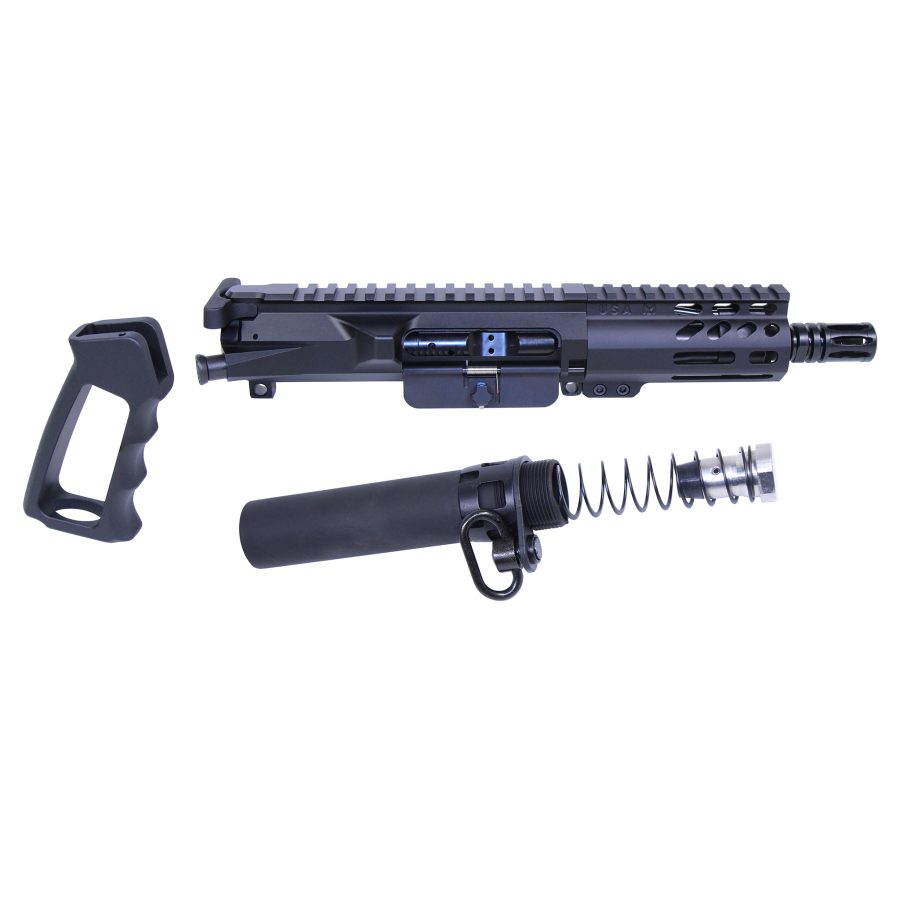 Disassembled firearm upper receiver and parts on white background, highlighting modular components.