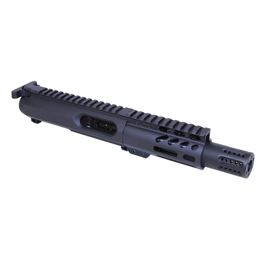 Compact black upper receiver with Picatinny rail and ventilation cutouts, precision machined.