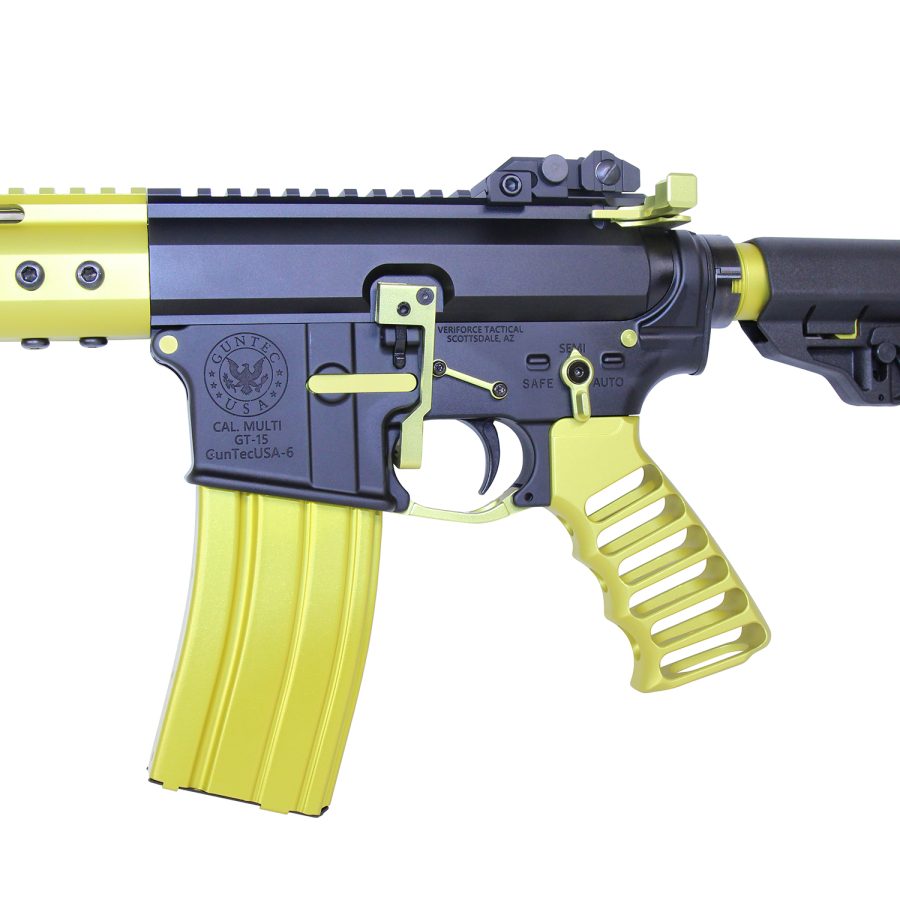 GT-15 rifle by GunTec USA, black and yellow, with Picatinny rail and ergonomic features.