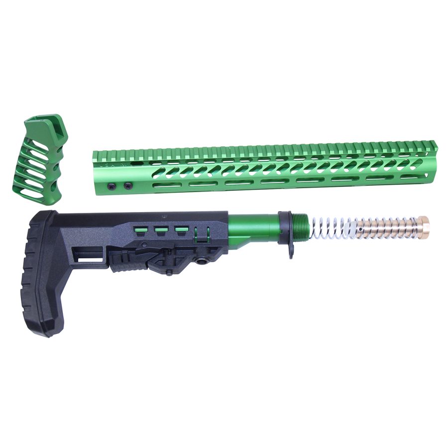 Bright green firearm parts with handguard, foregrip, tactical stock, and buffer tube assembly.