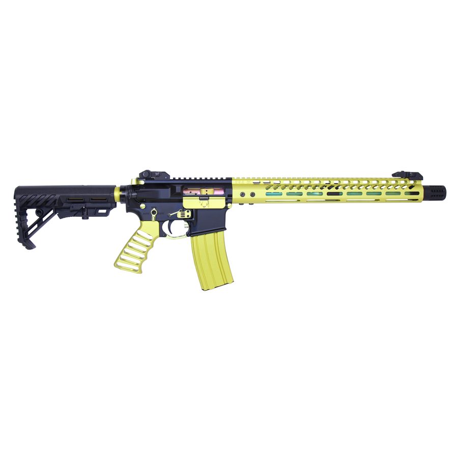 Modern AR-15 rifle with neon green accents, tactical stock, and M-LOK rail system.