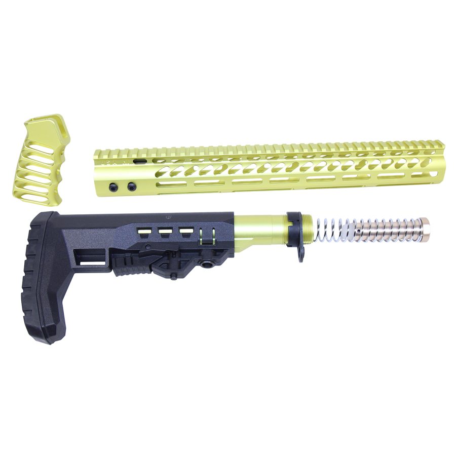 Disassembled rifle parts with yellow-green anodized finish including handguard, foregrip, and adjustable stock.