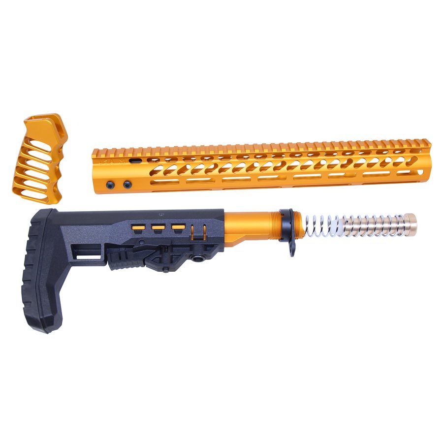 Gold anodized AR-style rifle parts: stock, buffer tube, handguard, foregrip with black accents.