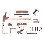 Bronze AR-15 charging handle kit with springs, pins, and hardware disassembled for firearm enthusiasts.