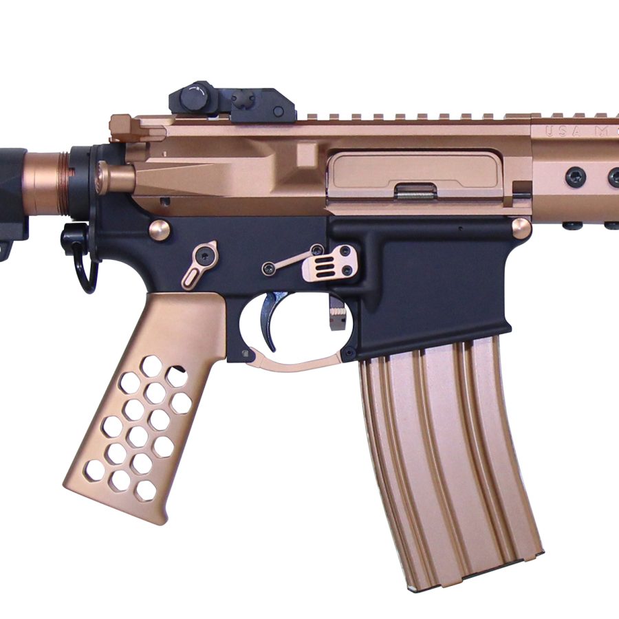 Close-up of a black and copper modern assault rifle with optics and magazine.