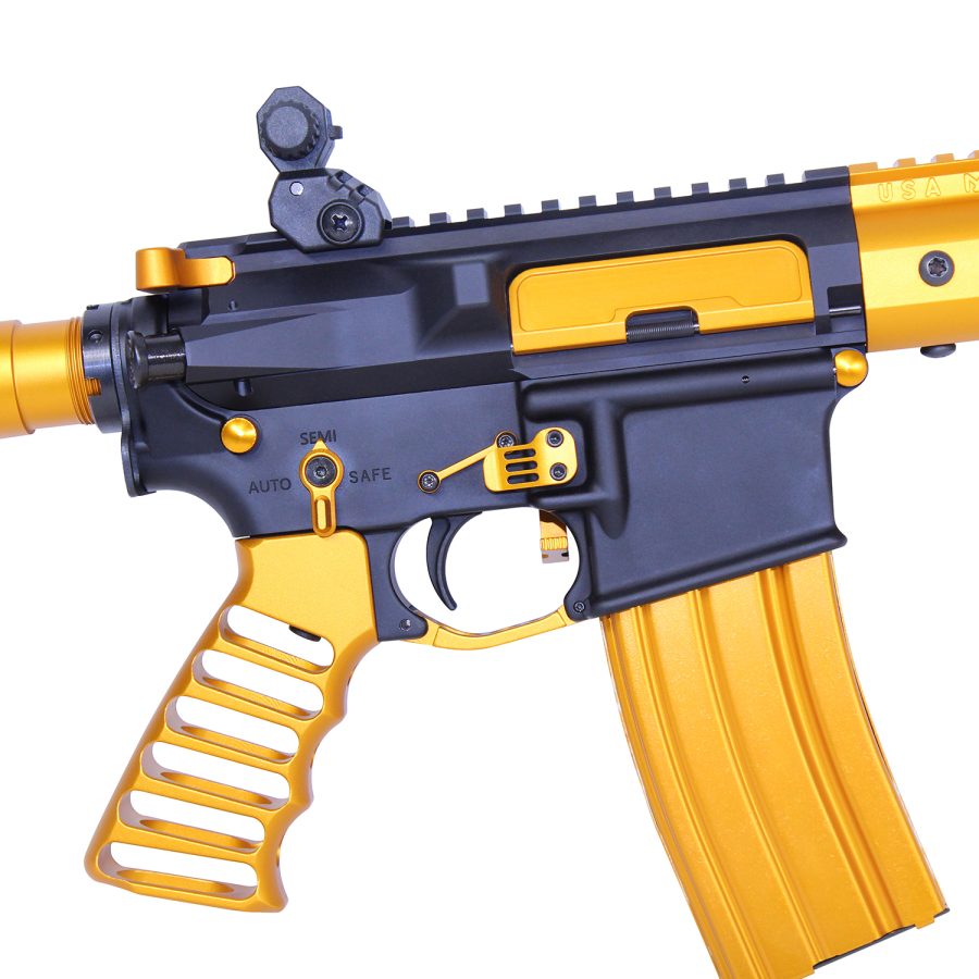 Black and gold modern sporting rifle with detailed receiver and gold accents.
