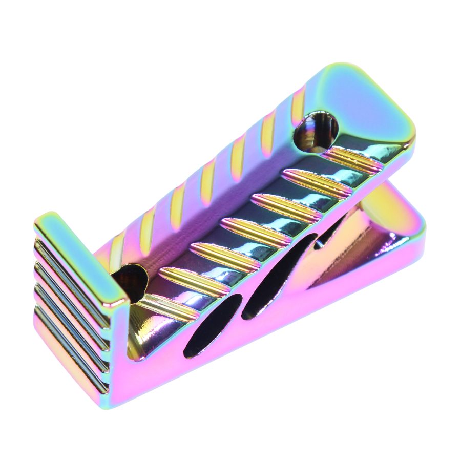Colorful Iridescent Pill Crusher with Rainbow Finish for Stylish and Functional Healthcare Use.